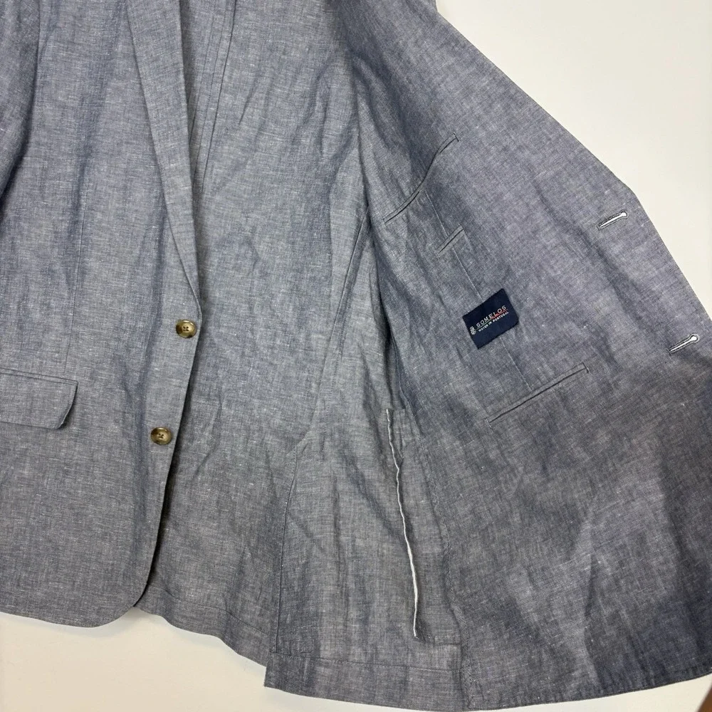 J Crew Ludlow Blazer 44R Blue Somelos Cotton Linen Blend Unstructured